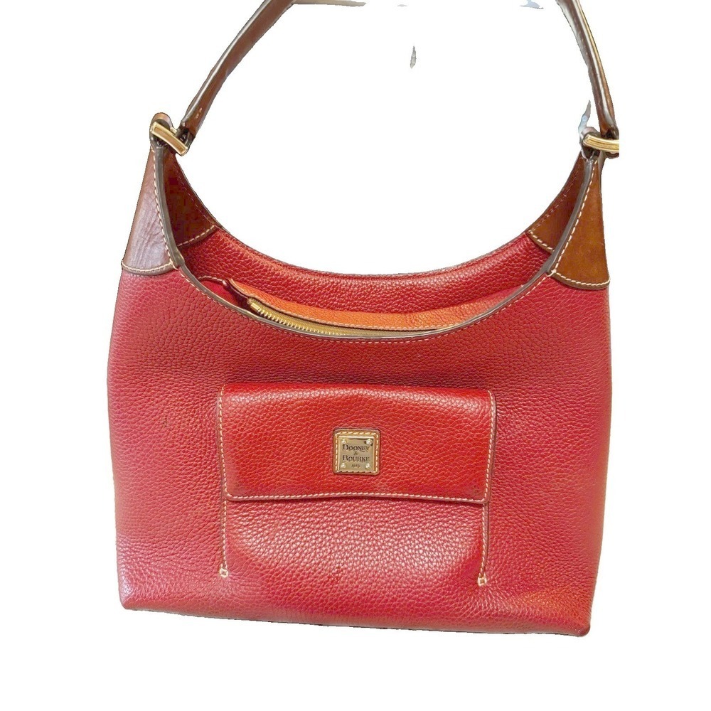 Dooney & Bourke Red Pebbled Leather Hobo Shoulder Bag‎ Brown Trim K1479265